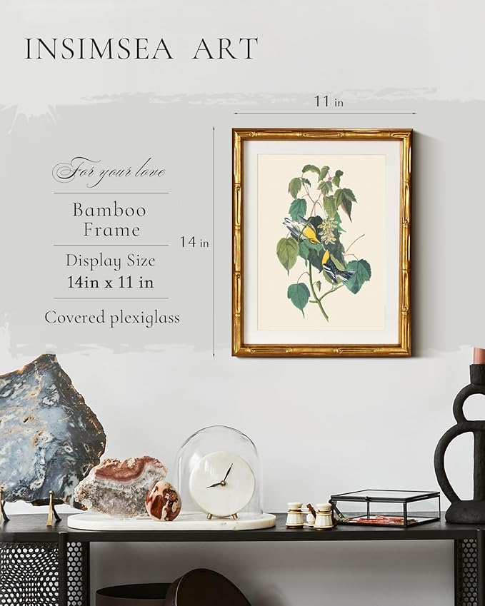 InSimSea Gold Bamboo Framed Canvas Wall Art, Vintage Bird Botanical Paintings, Antique Flowers Picture Frame with Mat, Victorian Home Wall Decor for Kitchen Living Room Bedroom, 11x14inch