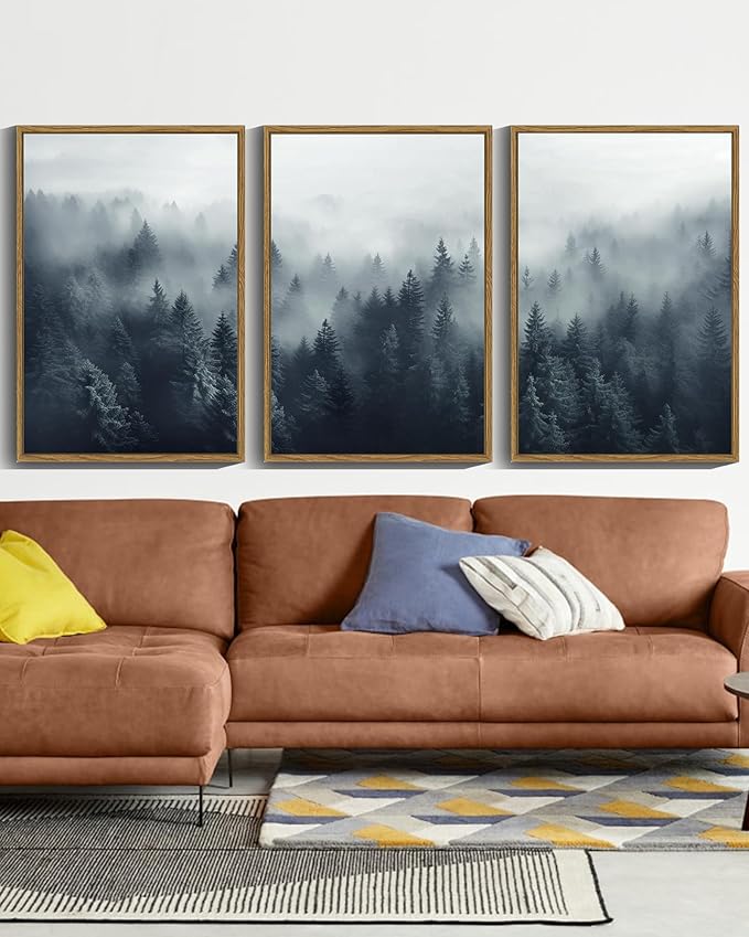 SHENIFY Blue Fog Pine Tree Forest Canvas Wall Art Large 16x24in Framed Nature Modern Artwork Prints Decor - Natural Framed