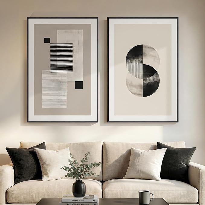Large Framed Black and White Neutral Abstract Wall Art for Living Room, 2 Piece Modern Canvas Prints Artwork for Walls, Beige Minimalist Geometric Pictures for Bedroom Hallway Wall Decor 24x36 In