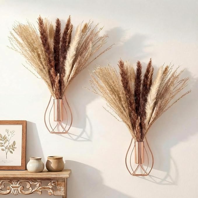 2 Pcs Boho Wall Decor Metal Wall Art Hanging Planter with Artificial Pampas Wall-Mounted Modern Home Decor Display Artwork Plant Hanging Vase for Bedroom Living Room Bathroom (Rose Gold)