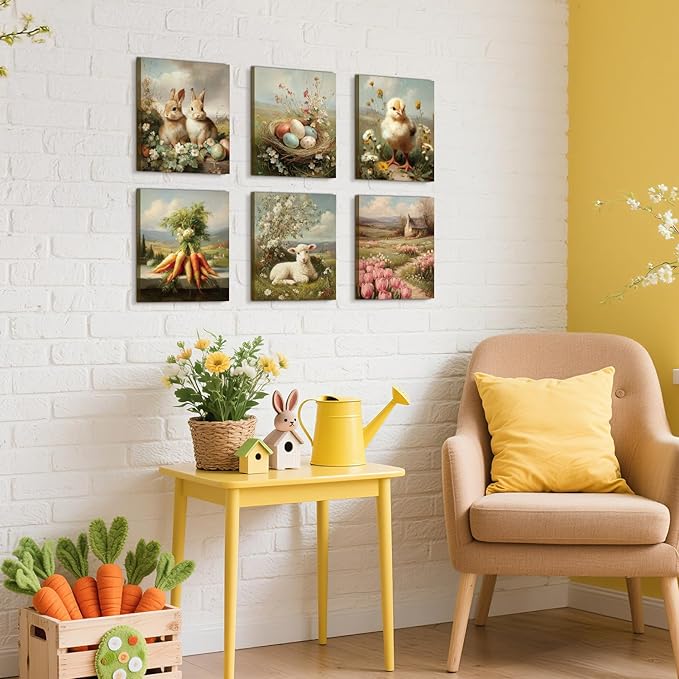CHDITB Easter Framed Canvas Wall Art Set, Vintage Bunny Rabbit Chick Lamb Artwork, Spring Farmhouse Wall Decor, Easter Eggs Tulip Poster, Country Farm Painting For Living Room Bedroom Decor 8”X10”