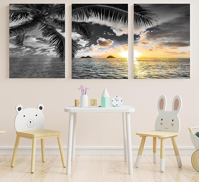 Yxbhhym Sunset Beach Canvas Wall Art Bathroom Black and White Coastal Wall Decor Ocean Prints Art Seascape Pictures Palm Painting Artwork for Living Room Bedroom Decor Office Home Decoration