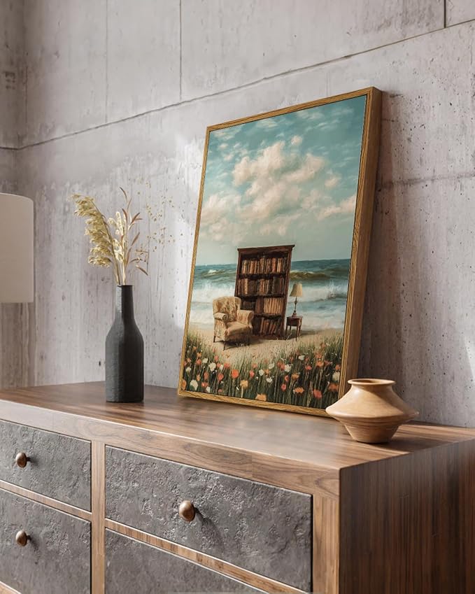 Vintage Framed Coastal Wall Art 12x16 Bookshelf Armchair Ocean View Canvas Print, Library by the Sea Dreamy Reading Nook Wildflower Artwork, Back to School Study Classroom Office Den Decor