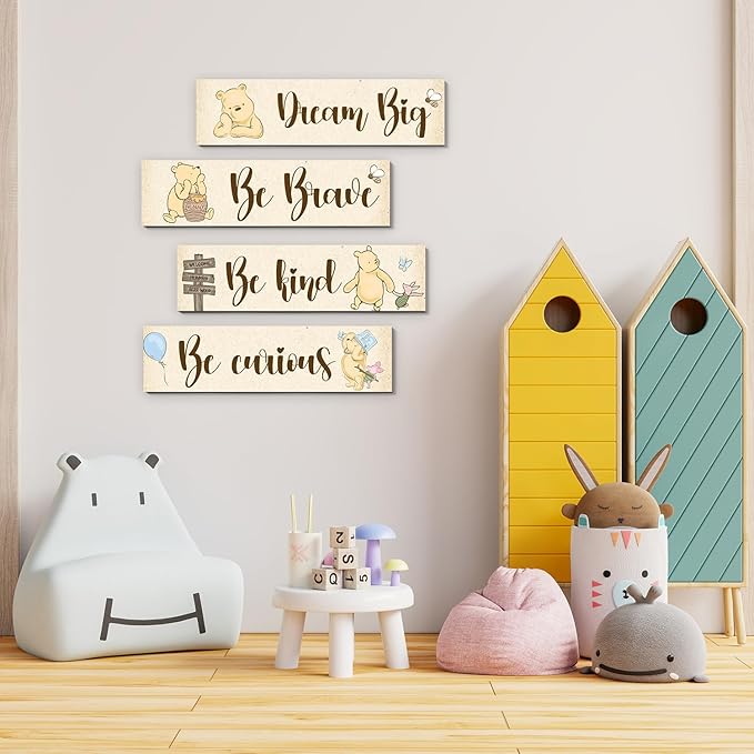 BirtDerr 4Pcs Winnie Nurasy Decor-Winnie Bedroom Wall Decor-Adorable the Pooh Sign for Baby Room-the Pooh Nursery Decor-Baby Shower Decorations(Classic)
