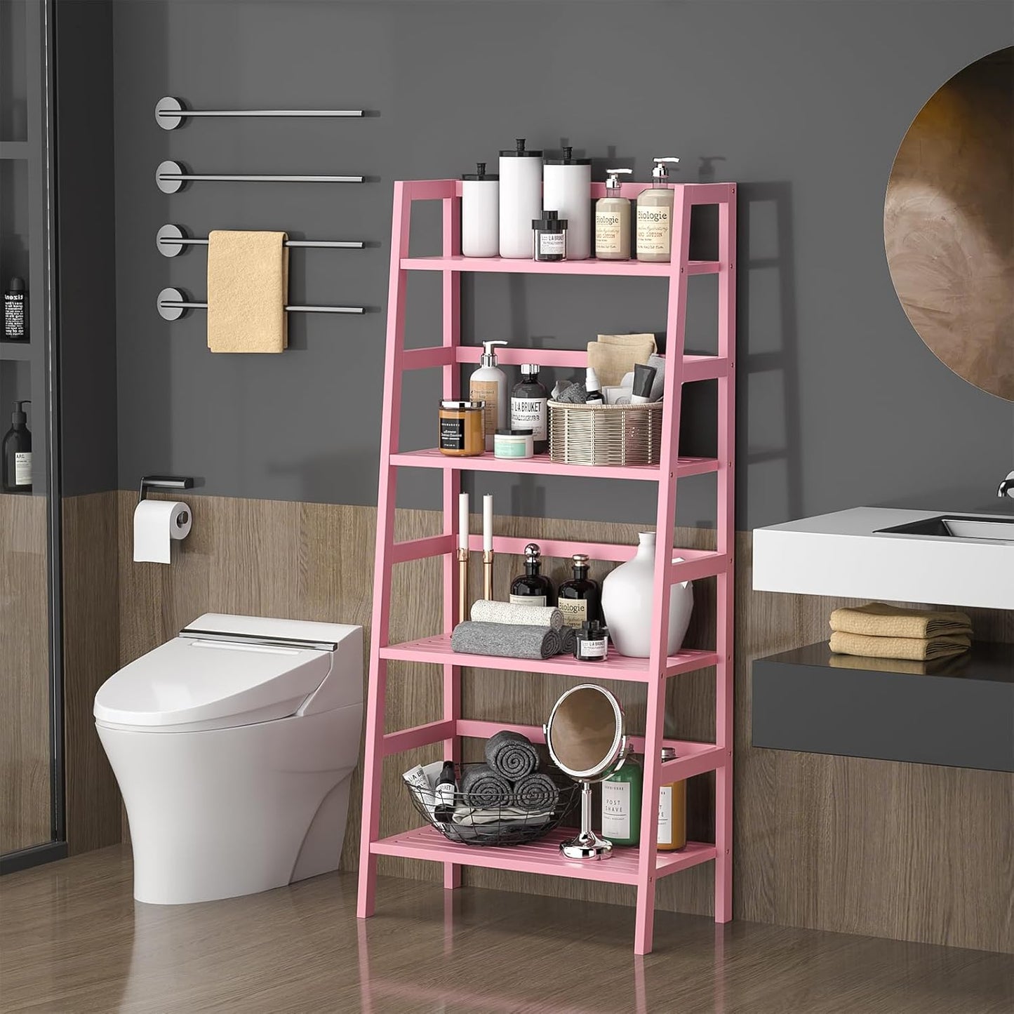 Homykic Bamboo Ladder Bookshelf, 4-Tier Ladder Shelf Open Book Shelf Freestanding Bookcase Bathroom Storage Rack Plant Stand for Living Room, Bedroom, Office, Easy Assembly, Pink
