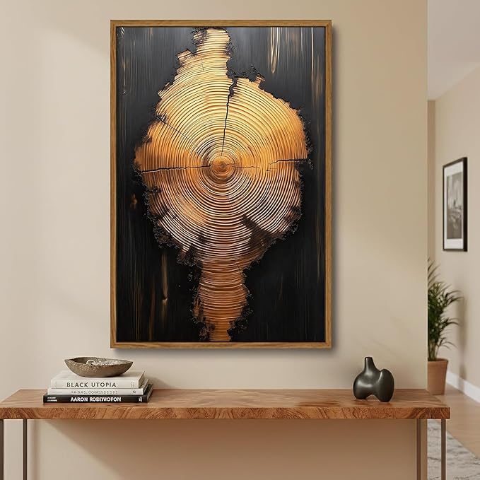 IBHJSART Framed Tree Ring Canvas Wall Art Black And Gold Wall Art Painting Prints Modern Minimalist Pictures Neutral Nature Rustic Farmhouse Decor Living Room Bedroom Bathroom Office