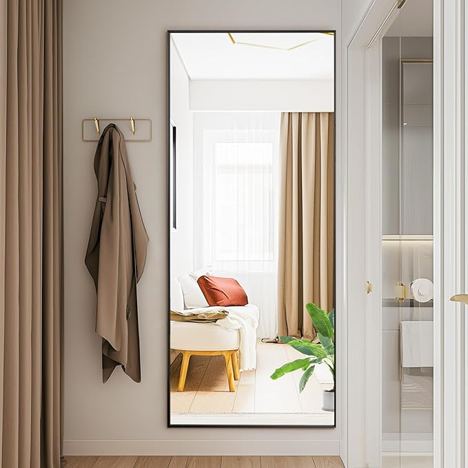 DUMOS Full Length Mirror with Stand, 58"x19" Floor Mirror with Aluminum Alloy Frame for Bedroom, Standing Full Body Mirror with Shatter-proorf Nano Glass for Wall, Living Room, Cloakroom, Black