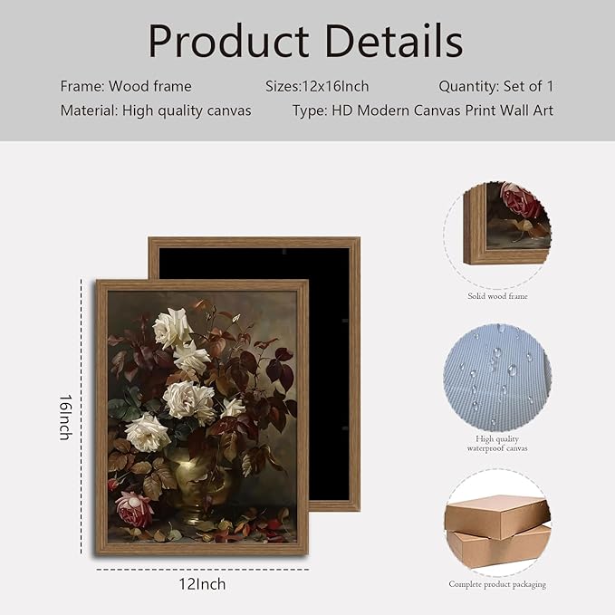 Framed Vintage Floral Large Wall Art，Rose Bouquet Flower Paintings Decor Aesthetic Canvas Print Artwork Still Life Retro Wall Pictures for Bedroom Living Room wooden frame 12x16in
