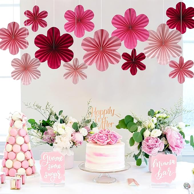 BestoFun 12 PCS Paper Flowers Fans Hot Pink Party Decorations Paper Flowers Decorations for Wall Girl Groovy Birthday Baby Shower Wedding Bachelorette Room Hanging Décor