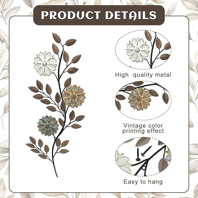 MorningRo 2 Pcs Metal Flower Leaves Wall Art, 15.75 Inch Spring Wall Decor, Vintage Leaf Wall Hanging, Rustic Wall Decor for Holiday Indoor Outdoor (Brown)