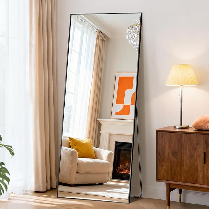 DUMOS Full Length Mirror with Stand 58"x19" Floor Standing Aluminum Frame for Bedroom Body Hanging Leaning Modern Simple Home Decor Shatter-proorf Nano Glass Wall Living Room Cloakroom, Black