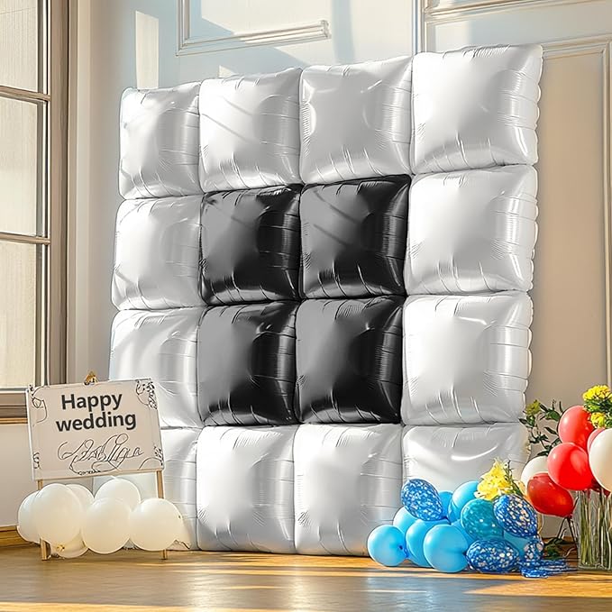 NISOCY 25PCS Black White Square Foil Balloons Wall Backdrop Double Sided Black Pearl White Balloons Arch Kit for Birthday Wedding Anniversary Bridal Baby Shower Graduation Party Decorations