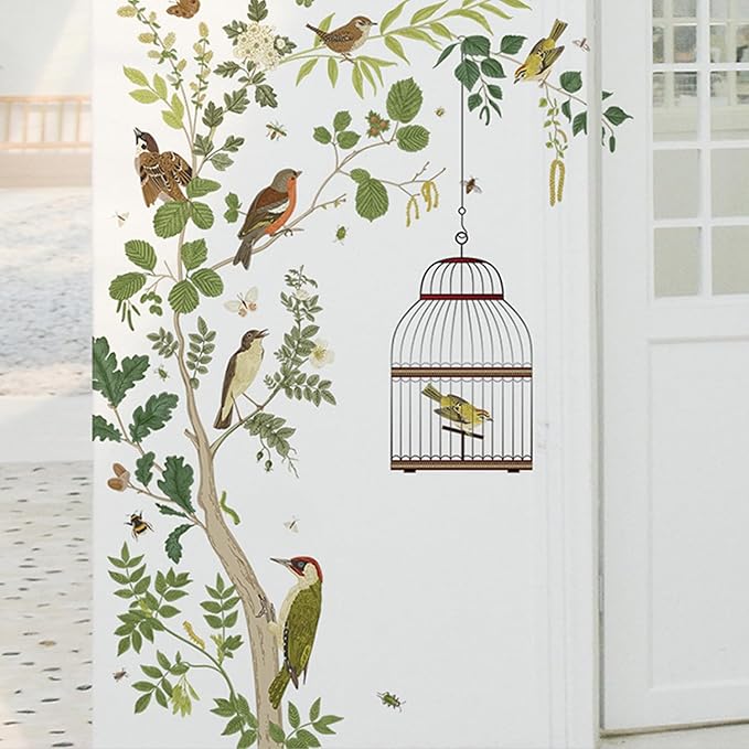 Removable Bird on Bracnch Wall Stickers, DIY Romantic Birdcage Decor Tree Wall Murals Peel and Stick Wall Art Stickers Home Decor for Gilrs Bedroom Nursery Rooms Living Room