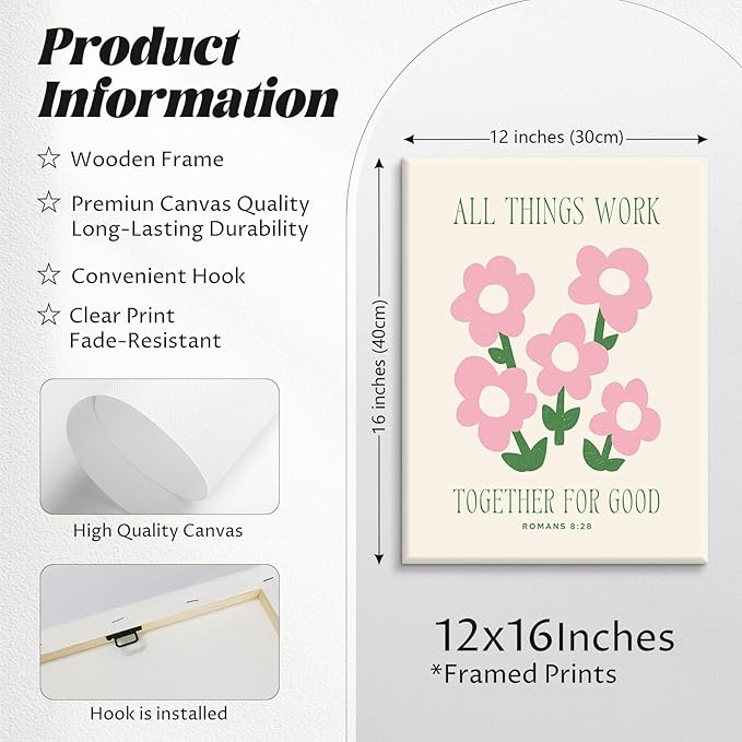 Christian Wall Art Coquette Aesthetic Decor Poster Pink Bow Canvas Wall Art Bible Verse Scripture Poster Religious Floral Prints Picture Christian Artwork for Living Room Bedroom 12x16x6 Ready to Hang