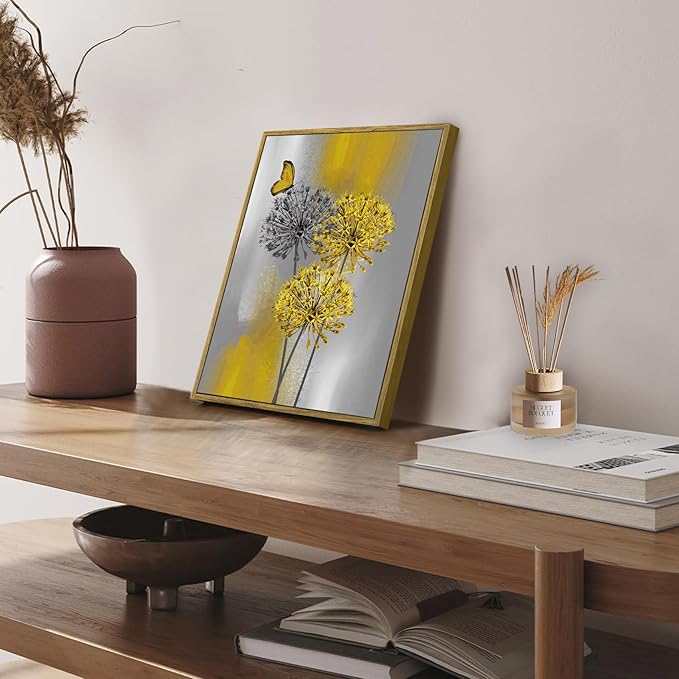 LB Yellow Dandelion Framed Wall Art with Butterfly - Modern Yellow Grey Canvas Wall Art for Home Contemporary Aesthetic Wall Decor for Home, Ready to Hang 17x12 Inch, Living Room Bedroom Bathroom Decor