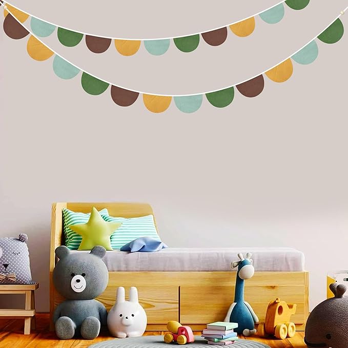 2 Sets of Yellow Green Brown Half Round Banner 24Pcs Nursery Garland Flags Fabric Semicircle Streamers for Kids Jungle Safari Woodland Camping Birthday Baby Shower Party Decorations Baby Room Decor