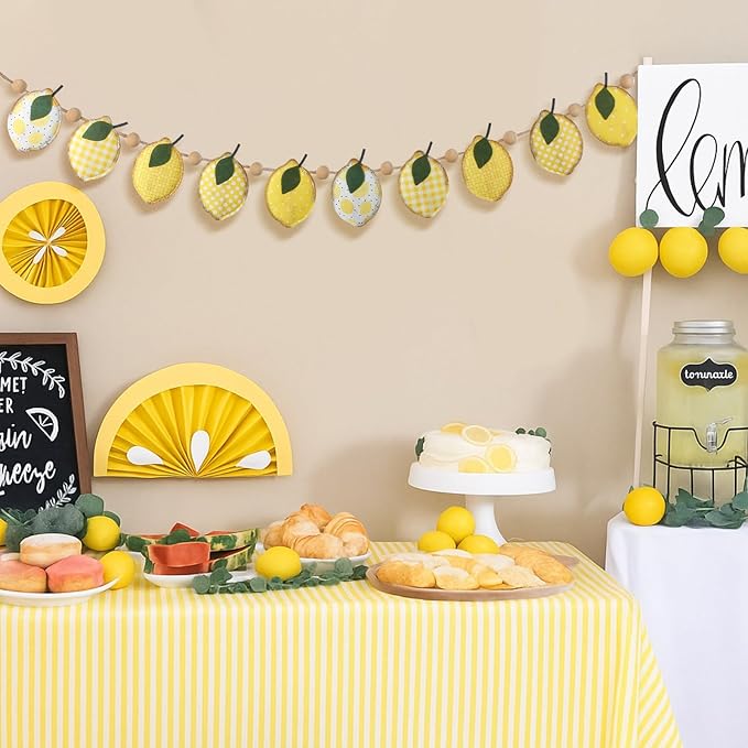 Lemon Felt Banner Garland Decor Vintage 3D Fruit Hanging Garland with Wooden Beads for Back to School Birthday Party Baby Shower DIY Home Wall Fireplace Decor