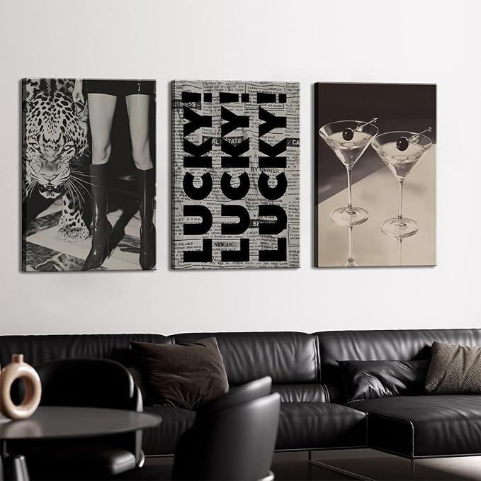 Trendy Leopard Canvas Wall Art Fashion Cheetah Lucky Martini Wall Decor Pictures Funky Vintage Preppy Luxury Aesthetic Posters Prints for Girly Bedroom Apartment Dorm Decoration 16x24in