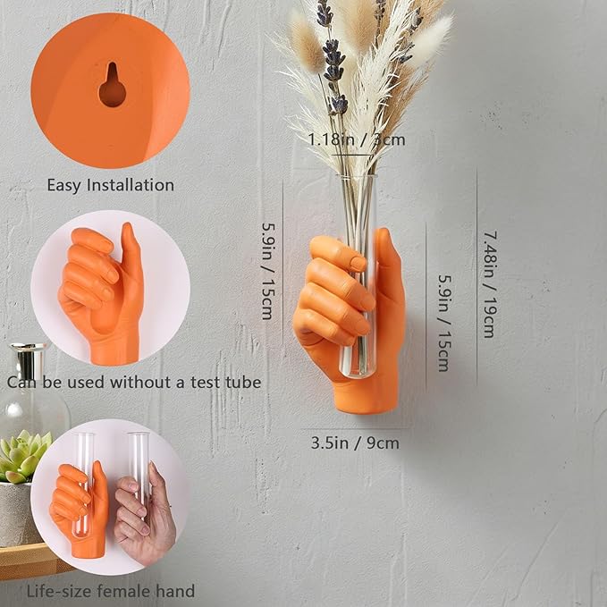 Wall Hand Vase,Vintage Art Decor,Life-Size Hand Sculpture with Glass Test Tube Vase,Unique Wall Art Statue for Indoor or Outdoor,Maximalist Boho Whimsical Decor, for Women (Orange)