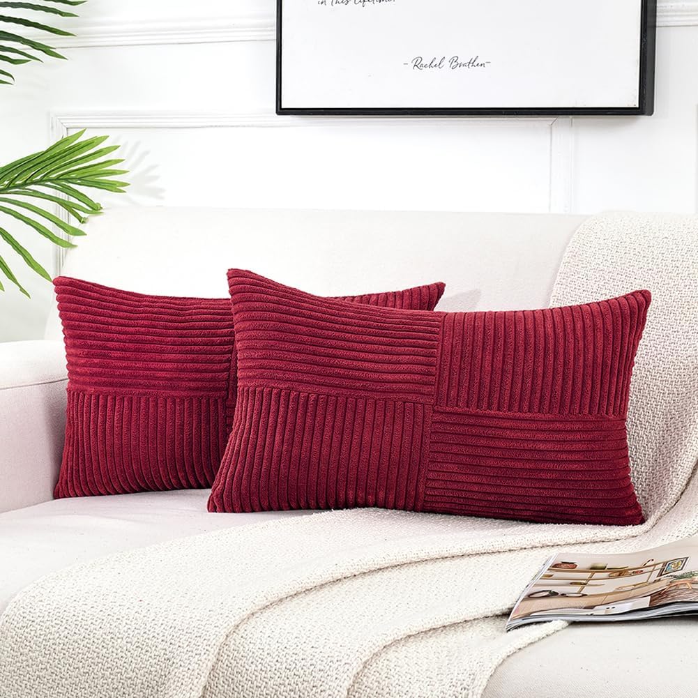 Fancy Homi 2 Packs Burgundy Long Lumbar Decorative Throw Pillow Covers 12x24 Inch for Couch Bed Sofa, Rustic Farmhouse Boho Home Decor, Soft Striped Corduroy Rectangle Accent Cushion Case 30x60 cm