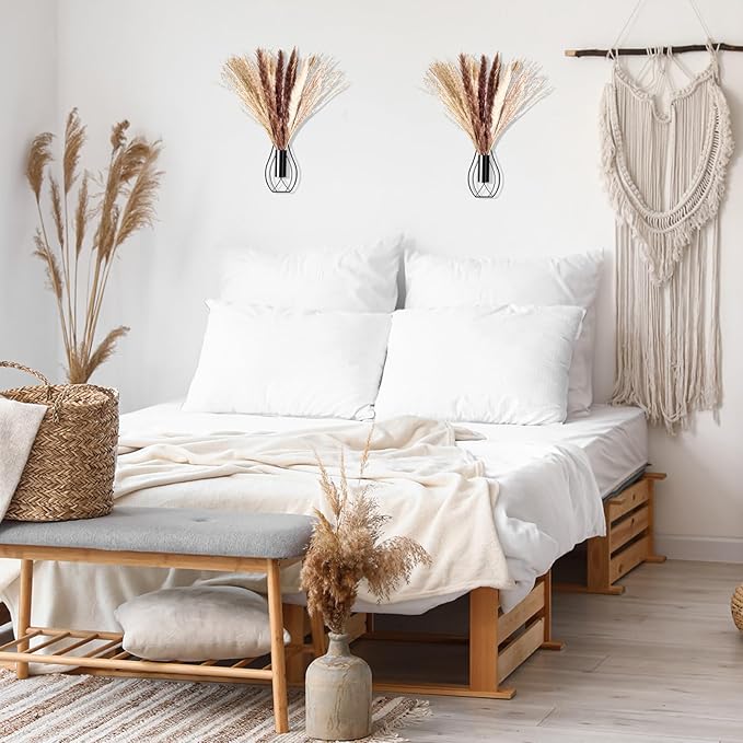 Otoolling Boho Wall Decor Set of 2 – Metal Hanging Wall Art with Faux Pampas,Minimalist Bohemian Accent for Living Room, Bedroom, Entryway(Black)
