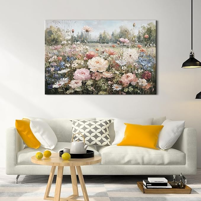 Flowers Wall Art Pink Roses Canvas Prints Painting Colorful Wildflowers Canvas Pictures Farmhouse Floral Landscape Wall Decor Botanical Artwork for Bedroom Bathroom Home Office Decorations 32x48"