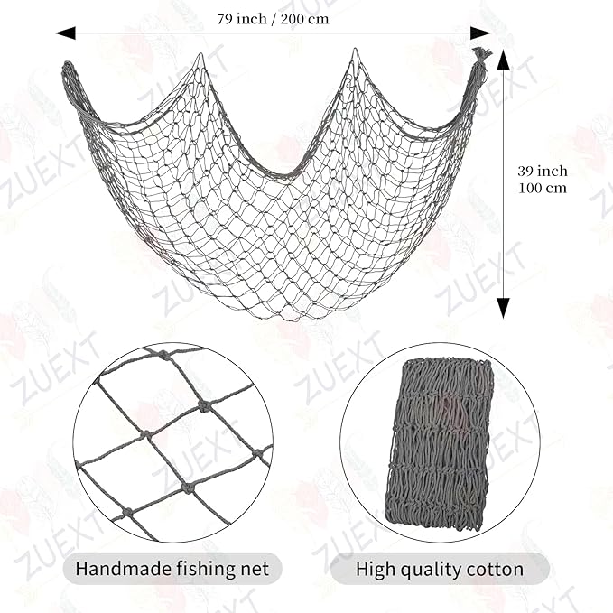 ZUEXT Decorative Fishing Net 80x40 Inch, 2 Pack Large Dark Grey Picture Fish Net, Wall Photo Hanging Fishnet for Nautical Mermaid Pirate Ocean Themed Hawaii Beach Under The Sea Party Decorations