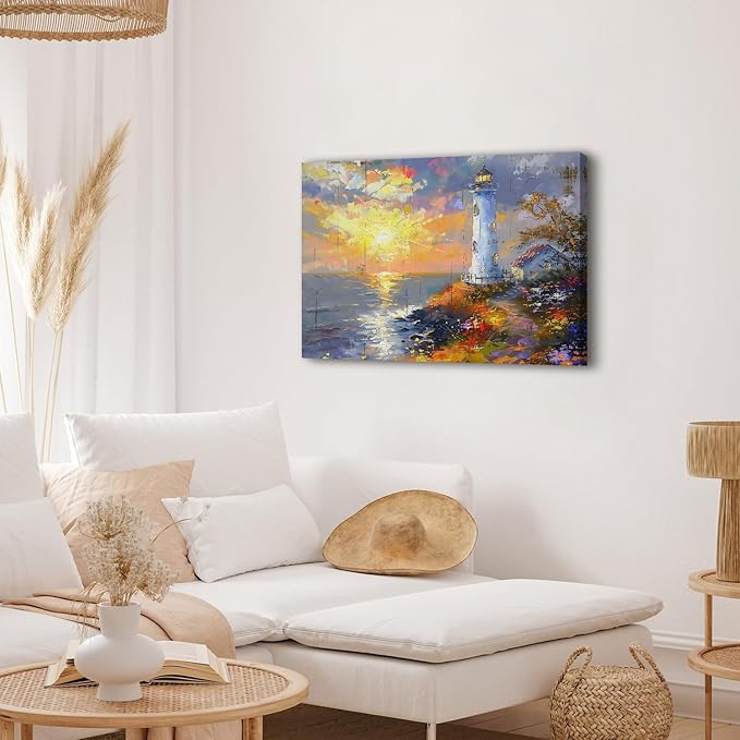 Lighthouse Wall Art Abstract Beach Wall Decor Sunset Coastal Canvas Prints Painting Ocean Landscape Picture Modern Seascape Artwork for Kitchen Bedroom Living Room Home Decoration 24x36"