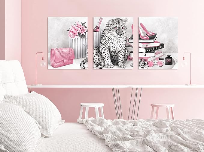 Visual Art Decor Glam Fashion Picture Pink Blush Wall Art Leopard Books High Heel Shoes Perfume Canvas Prints for Modern Home Office Woman Girl Makeup Bedroom Wall Decoration Creative Design Gift