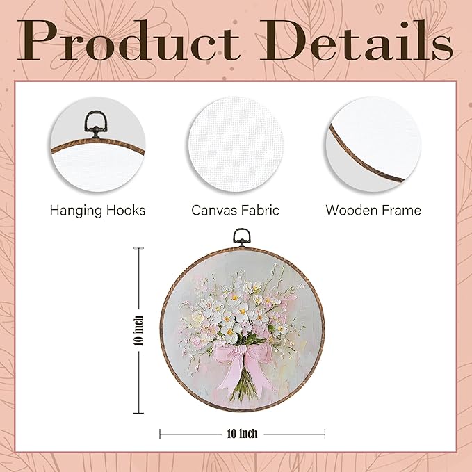 Hxlac Vintage Pink Bow Floral Bouquet Round Wall Art Framed, White Floral Round Wall Decor, Vintage Flower Hanging Canvas Prints Wall Sculptures for Bedroom Living Room Decor, 10x10 Inch