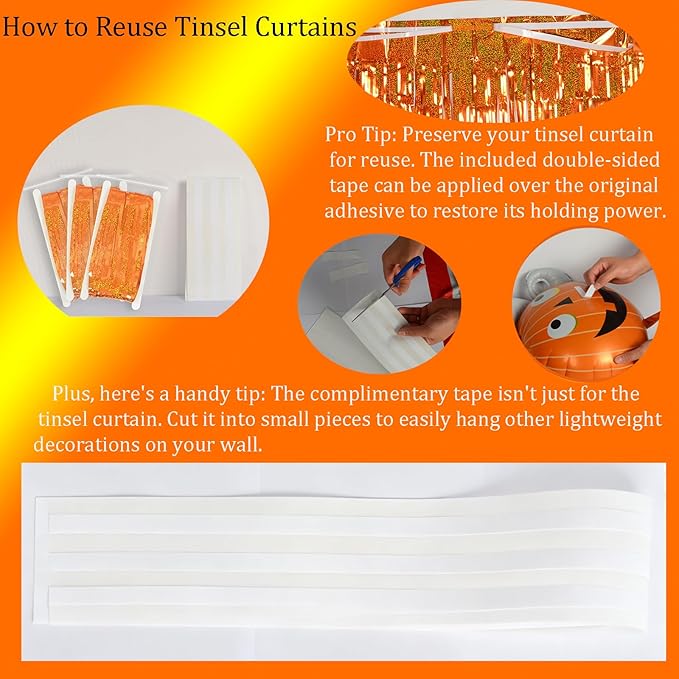 Upgraded Thicker Melsan Tinsel Fringe Curtain, 3 Pack 3.2 x 8.2 ft Orange Metallic Streamers with Extra Tape, for Basketball Party Decorations Thanksgiving Birthday Baby Shower Graduation Party Decor