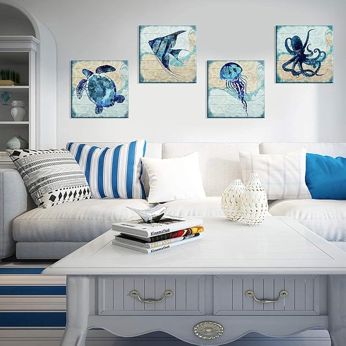 Teal Ocean Animal Bathroom Wall Decor Aqua Blue Octopus Turtle Wall Art Sea Fish Angelfish Canvas Print Mediterranean Style Painting Pictures Artwork Nursery Kids Bedroom Home Decorations 24x24” 4Pcs