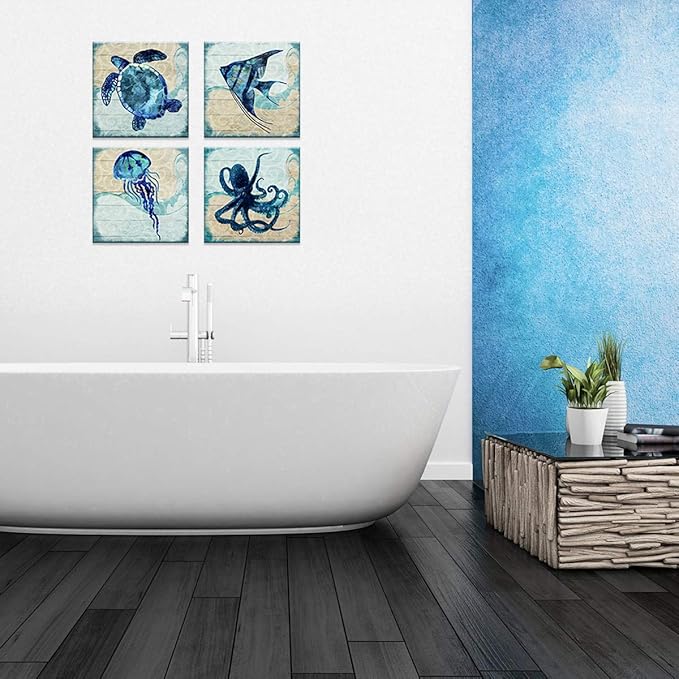 Boho Beach Bathroom Decor Navy Blue Fish Sea Turtle Jellyfish Octopus Canvas Wall Art Ocean Nursery Picture Under the Sea Animal Kids Painting for Living Room Bedroom Office Home Decorations 12x12" 4P