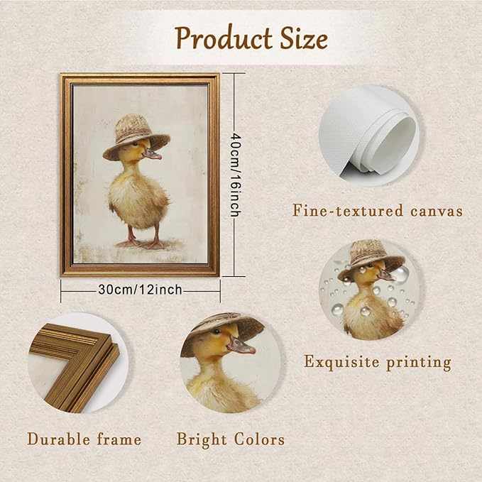 Aroutde Vintage Farm Duck Printing Canvas Wall Art Rustic Farmhouse Nursery Duck Poster Cute Animal Wall Decor for kids Room Playroom Decor (16L''x12W'', Framed)