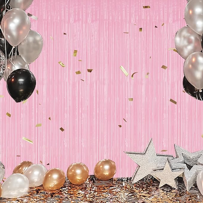 3 Pack Foil Fringe Backdrop - Shiny Tinsel Curtains for Party Decoration/Photo Booth Props - 3.3x8.2 FT Metallic Foil Backdrop for Birthday, Wedding, Graduation, Christmas-Pastel Pink