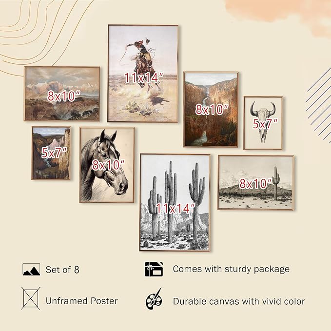 Western Decor Vintage Southwestern Wall Art,Farmhouse Wall Decor Vintage Cowboy Pictures,Boho Ranch Desert Southwestern Wall Decor Aesthetic,Classic Artwork Prints for Western Bedroom Bathroom Decor,Unframed