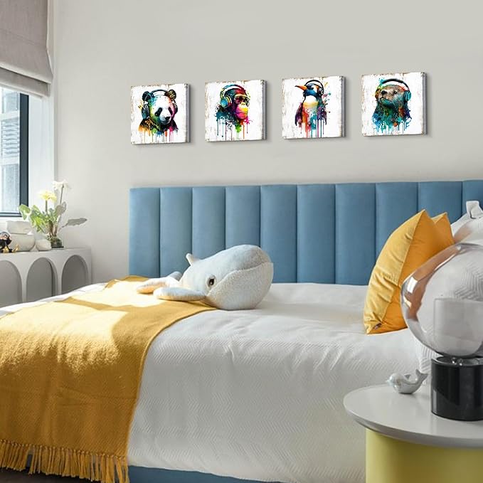 Colorful Animal Wall Art Funny Cute Bear Monkey with Headphone Canvas Prints Pictures Nursery Room Decor Cartoon Penguin Panda Paintings Artwork for Kids Bedroom Bathrooom Home Decoration 12x12” 4 Pcs