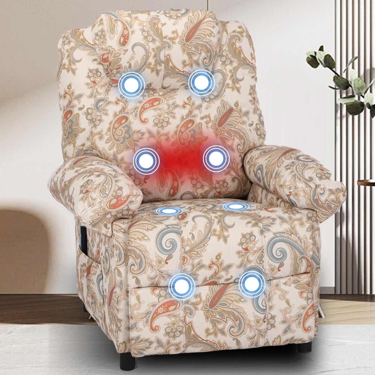 KCREAM Manual Massage Chair Recliner for Adult, Fabric Small Recliner Chairs with Side Pockets and Vibration,Single Sofa Home Theater Seating,Floral