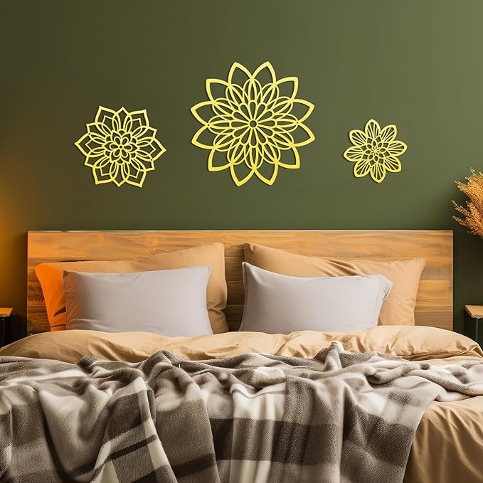 3 Pieces Metal Flowers Wall Decor, Black Wall Decoration Metal, Flower Art Wall Decor Farmhouse Wall Decorations Multiple Flowers Hanging Decor for Bathroom Living Room Home Kitchen Garden Office (Gold Elegant)