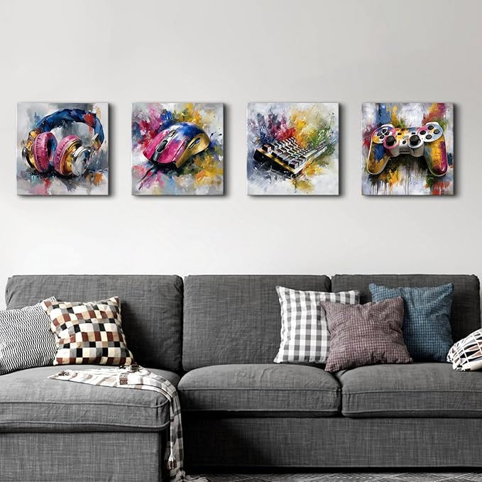 Gamer Canvas Wall Art Boys Gaming Wall Decor Colorful Abstract Gamer Decor for Teens Boy Bedroom Games Zone Theme Pictures Canvas Prints Cool Posters Video Game Painting Artwork Decorations 16x16”