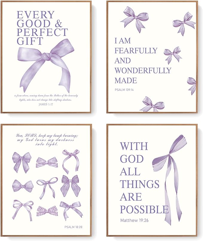 LARTSFRO Coquette Purple Bow Christian Wall Art Decor Posters, Purple Bow Room Bedroom Bathroom Dorm Wall Art Decor Aesthetic for College Teen Girls Gifts, Inspirational Bible Verses Bow Wall Decor, 10x8 Inch Set of 4 Pcs Bow Pictures (UNFRAMED)