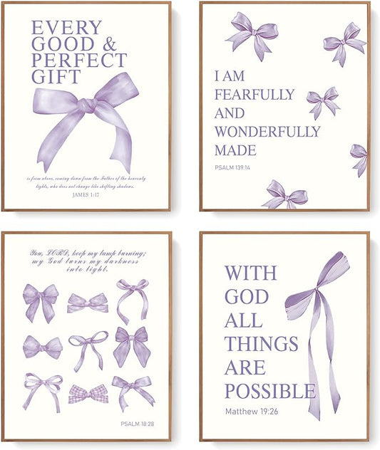LARTSFRO Coquette Purple Bow Christian Wall Art Decor Posters, Purple Bow Room Bedroom Bathroom Dorm Wall Art Decor Aesthetic for College Teen Girls Gifts, Inspirational Bible Verses Bow Wall Decor, 10x8 Inch Set of 4 Pcs Bow Pictures (UNFRAMED)