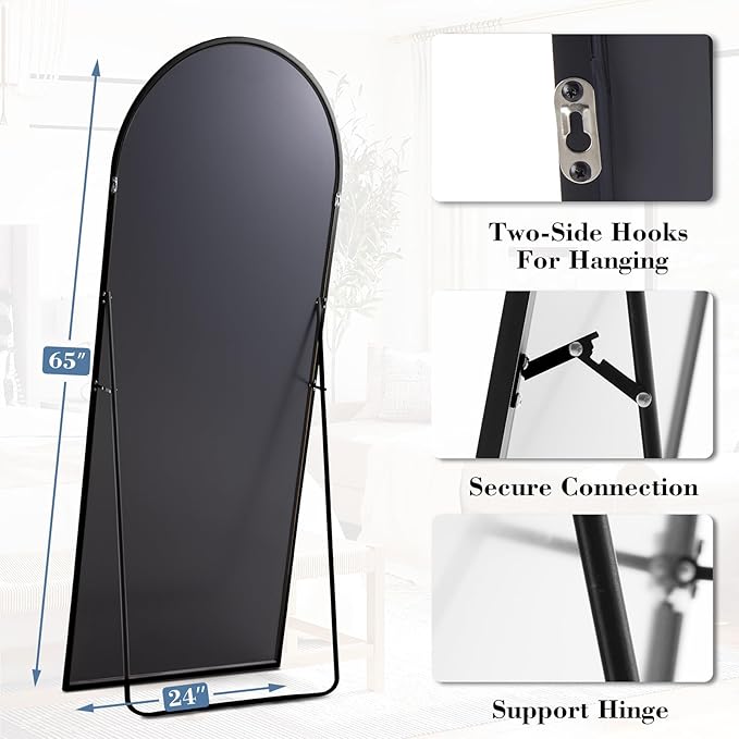 DUMOS Arched Full Length Mirror with Stand Floor Free Standing Aluminum Frame for Bedroom Body Hanging Leaning Modern Simple Home Decor Shatter-proorf Nano Glass Wall Black 65"x24"