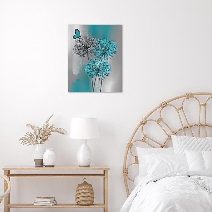LB Dandelion Canvas Wall Art Teal Grey Dandelion with Butterfly on Abstract Background Wall Art Plant Wall Decor for Living Room Bedroom Bathroom Office Home Framed Ready to Hang 20L x 16W Inch