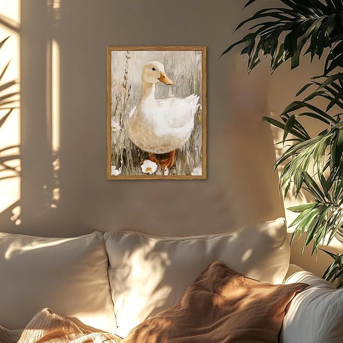 Framed Vintage Duck Canvas Wall Art, Cute Farmhouse Animal Pictures Wall Decor, Rustic Country Nature Paintings Prints Cottagecore Home Decor for Living Room Bedroom Bathroom 12x16 inch