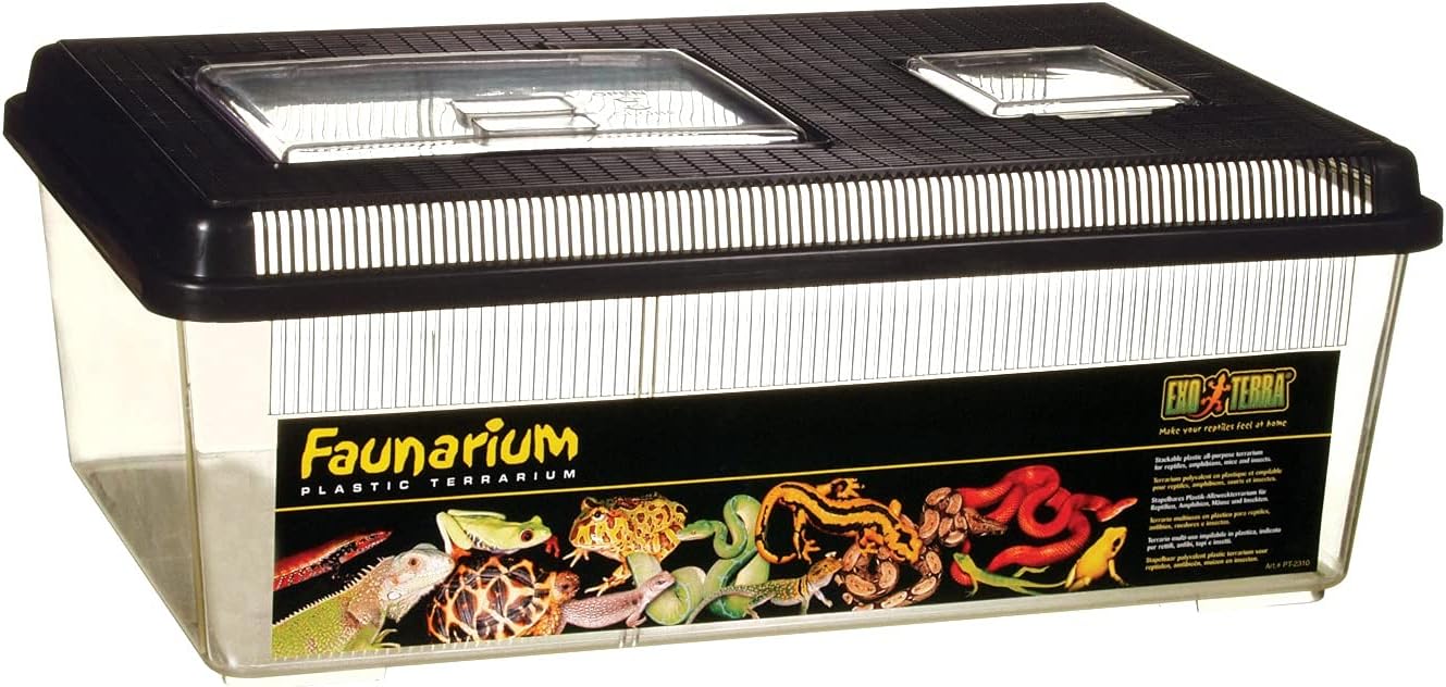 Exo Terra Faunarium Flat Home Plastic Reptile Terrarium, Large (18" x 12" x 6.5"), Ideal for Temporary Housing, Quarantine, and Transport, Transparent Plastic Door for Easy Access