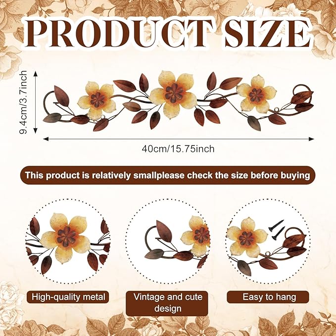 Wesiti Metal Flower Wall Decor Vintage Spring Metal Flower Wrought Iron Scroll Sculpture 15.7''x3.7'' Farmhouse Leaf Wall Decor with Nails for Spring Living Room Bedroom Indoor Outdoor(Yellow)