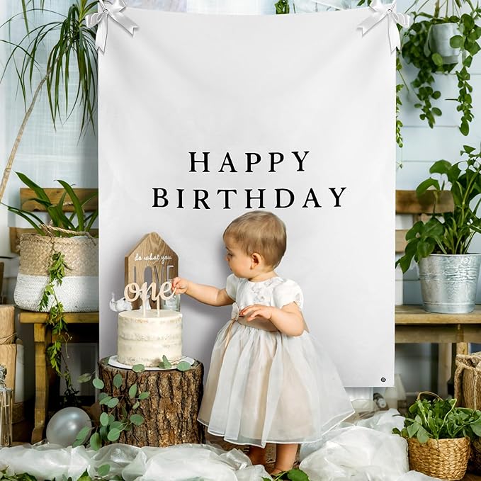 Oudain 29×39 Inch Happy Birthday Burlap Banner, Fabric Party Decorations Backdrop, Boho Rustic Photo Props Sign with Hanging String for Birthday Party Indoor Outdoor Yard Wall Decor
