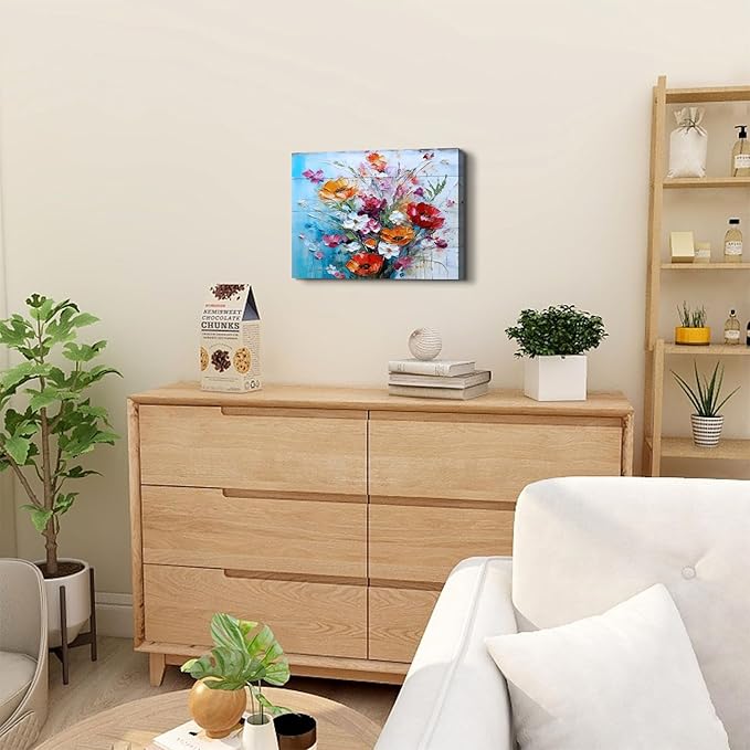 Colorful Flower Wall Art for Living Room Decor Red Wildflowers Painting Orange Botanical Prints Wall Decor Modern Abstract Watercolor Floral Artwork for Girls Bedroom Bathroom Home Decorations 12x16"