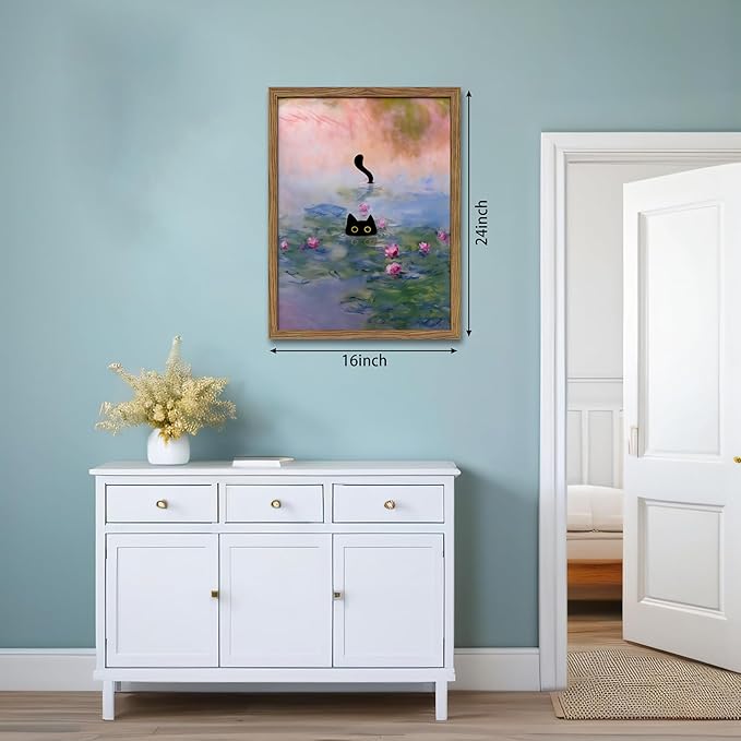 Vintage Framed Cat Canvas Wall Art Monet Print, Funny Black Cat in Water Lilies Poster, Monet Office Wall Decor, Floral Oil Painting Picture Artwork for Living Room Bathroom Aesthetic – 16x24 inch
